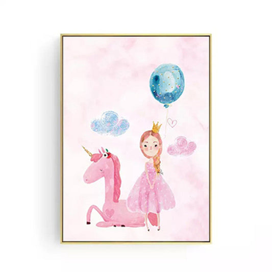 Cartoon Girls Canvas Wall Art with Unicorn Drawing Pastel Color Wall Decor for Bedroom Clearhalo 'Art Gallery' 'Canvas Art' 'Kids' Arts' 1899097