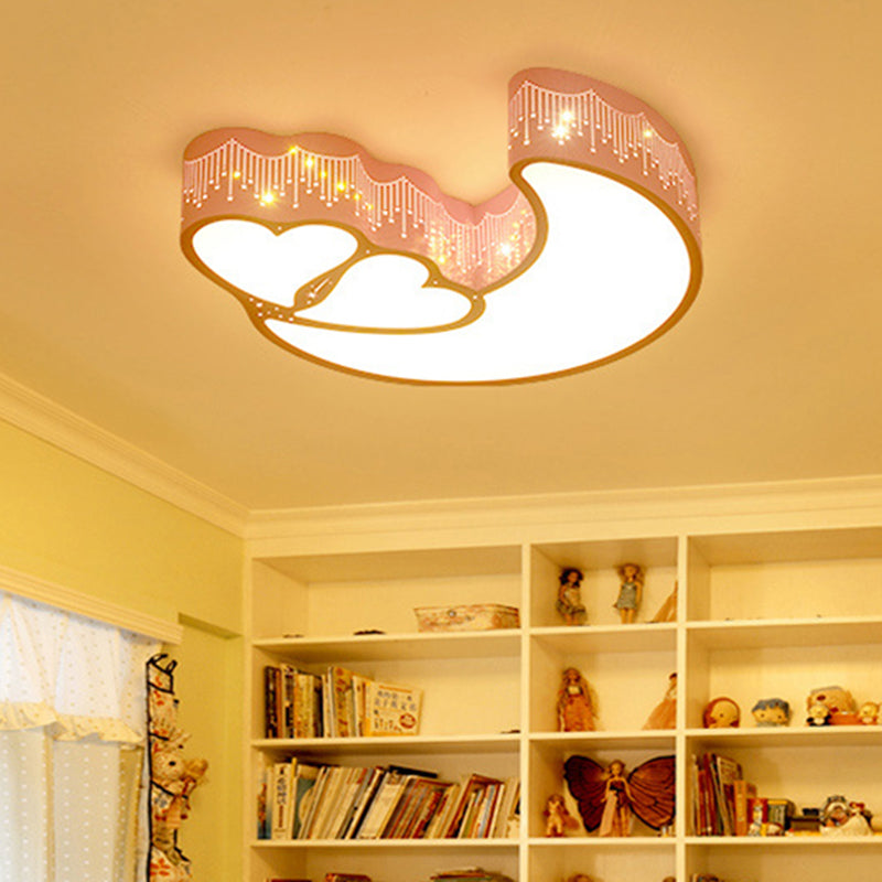 Cartoon Moon and Heart Ceiling Light Metal Acrylic LED Ceiling Mount Light for Kid Bedroom Pink Clearhalo 'Ceiling Lights' 'Close To Ceiling Lights' 'Close to ceiling' 'Flush mount' Lighting' 189910