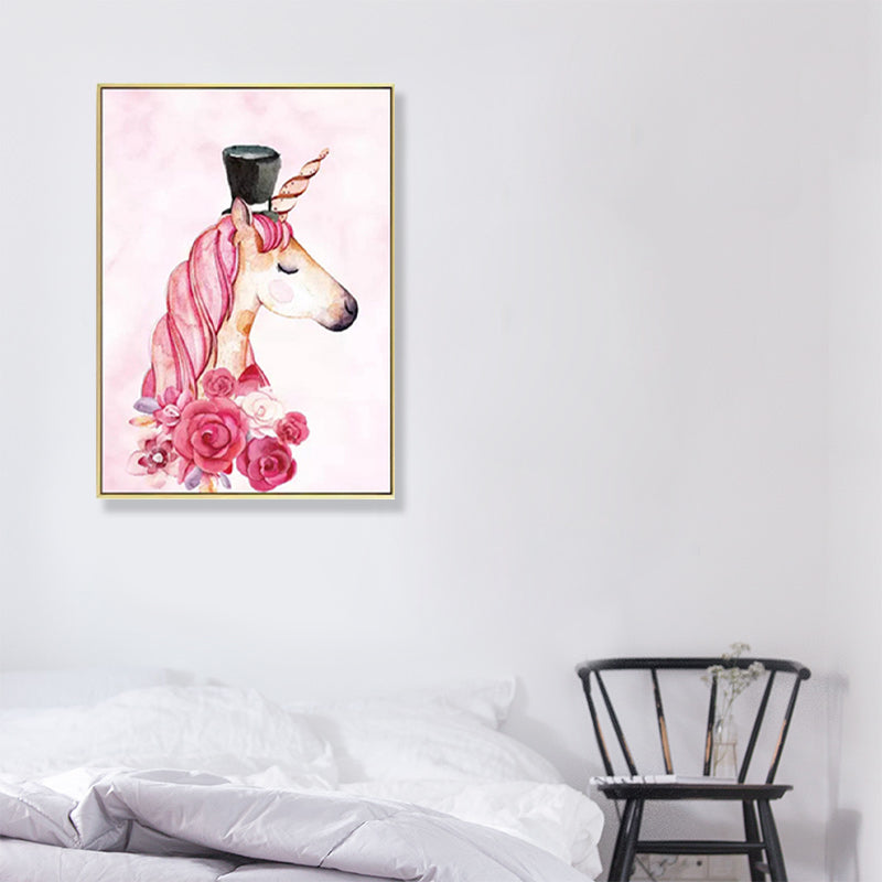 Cartoon Girls Canvas Wall Art with Unicorn Drawing Pastel Color Wall Decor for Bedroom Peach Clearhalo 'Art Gallery' 'Canvas Art' 'Kids' Arts' 1899101