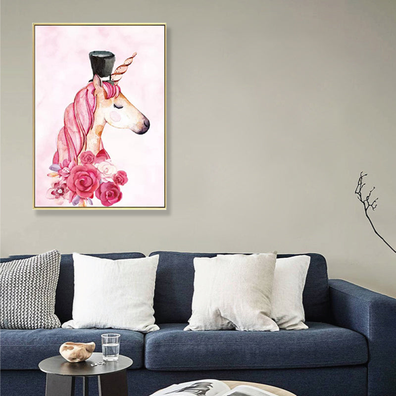 Cartoon Girls Canvas Wall Art with Unicorn Drawing Pastel Color Wall Decor for Bedroom Clearhalo 'Art Gallery' 'Canvas Art' 'Kids' Arts' 1899102