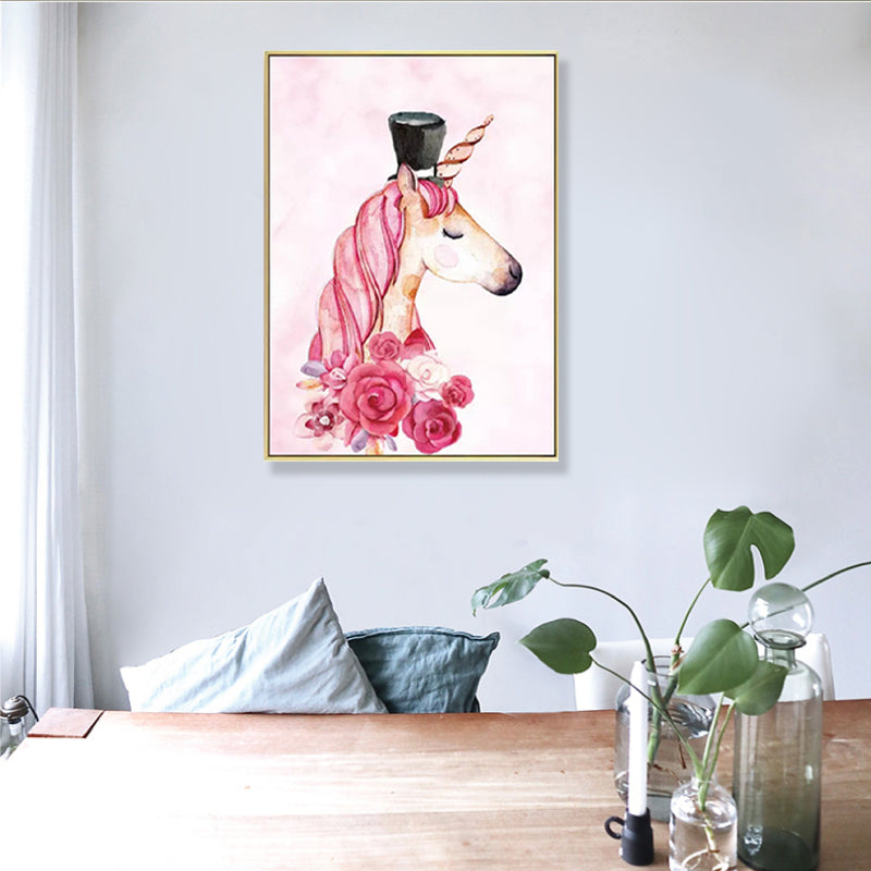 Cartoon Girls Canvas Wall Art with Unicorn Drawing Pastel Color Wall Decor for Bedroom Clearhalo 'Art Gallery' 'Canvas Art' 'Kids' Arts' 1899103