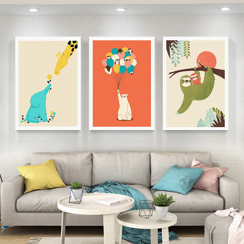 Illustrated Animal Land Canvas Wall Art Cartoon Textured Baby Room Wall Decor (Set of 3) Orange Clearhalo 'Art Gallery' 'Canvas Art' 'Kids' Arts' 1899144