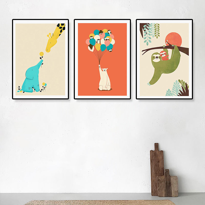 Illustrated Animal Land Canvas Wall Art Cartoon Textured Baby Room Wall Decor (Set of 3) Clearhalo 'Art Gallery' 'Canvas Art' 'Kids' Arts' 1899145