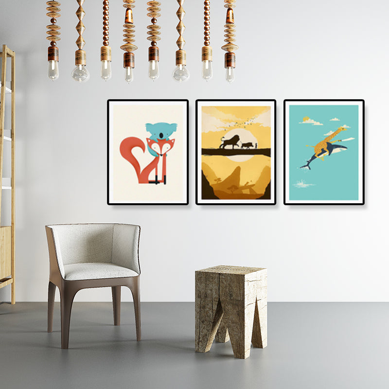 Illustrated Animal Land Canvas Wall Art Cartoon Textured Baby Room Wall Decor (Set of 3) Clearhalo 'Art Gallery' 'Canvas Art' 'Kids' Arts' 1899152