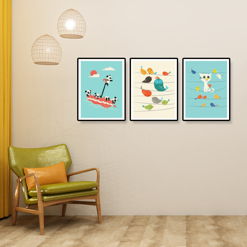 Illustrated Animal Land Canvas Wall Art Cartoon Textured Baby Room Wall Decor (Set of 3) Blue Clearhalo 'Art Gallery' 'Canvas Art' 'Kids' Arts' 1899155