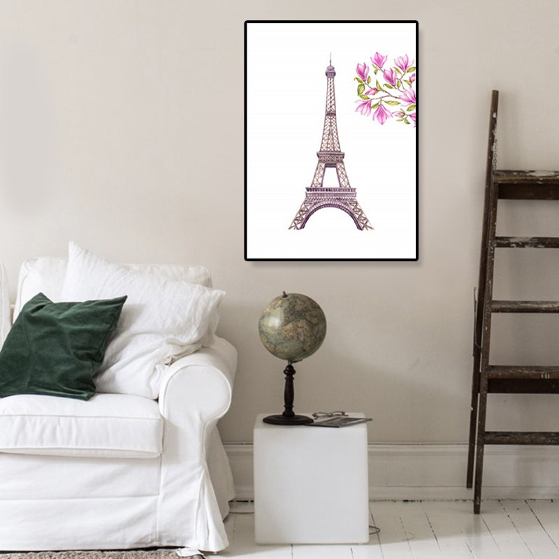 Illustration Art mural art moderne magnifique Tour Eiffel et toile de fleur en rose