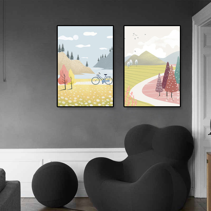 Yellow Spring Scenery Canvas Art Landscape Nordic Textured Wall Decor for Bedroom