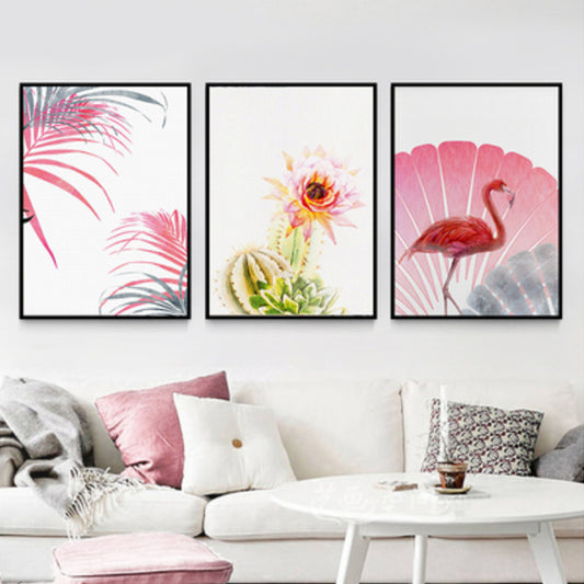 Tropix Flower and Flamingo Art Print Canvas Textured Pink Wall Decor for Home, Set of 3 Pink Clearhalo 'Art Gallery' 'Canvas Art' 'Coastal Art Gallery' 'Nautical' Arts' 1899267