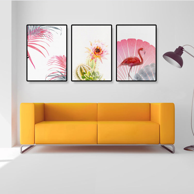 Tropix Flower and Flamingo Art Print Canvas Textured Pink Wall Decor for Home, Set of 3 Clearhalo 'Art Gallery' 'Canvas Art' 'Coastal Art Gallery' 'Nautical' Arts' 1899268
