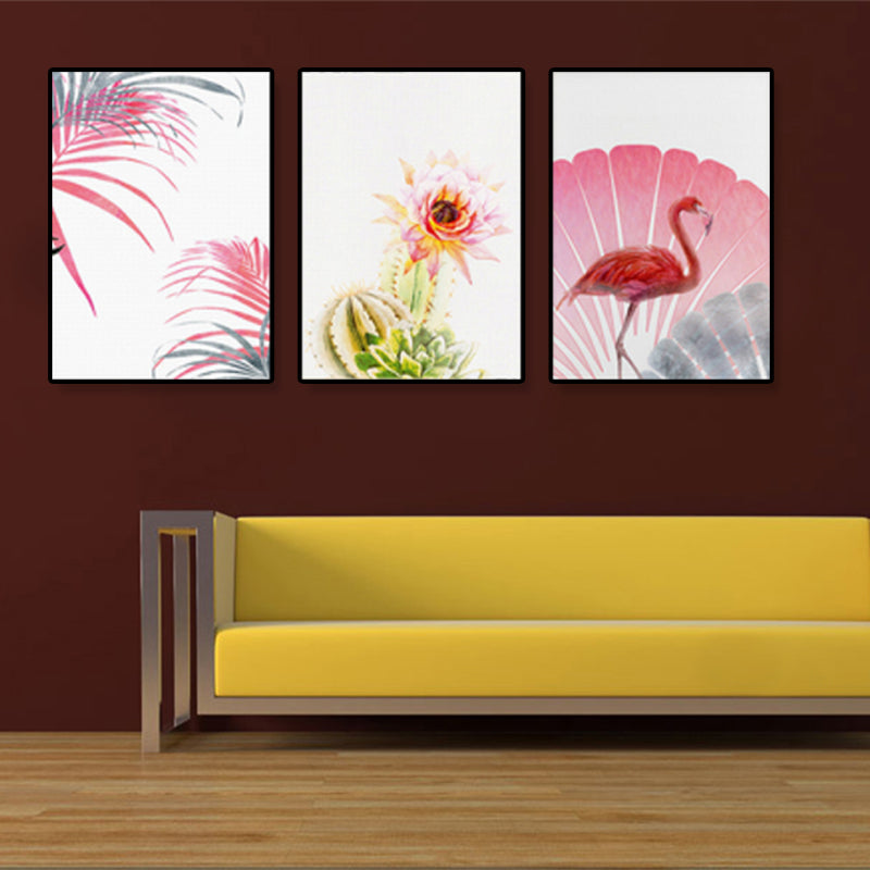 Tropix Flower and Flamingo Art Print Canvas Textured Pink Wall Decor for Home, Set of 3 Clearhalo 'Art Gallery' 'Canvas Art' 'Coastal Art Gallery' 'Nautical' Arts' 1899269
