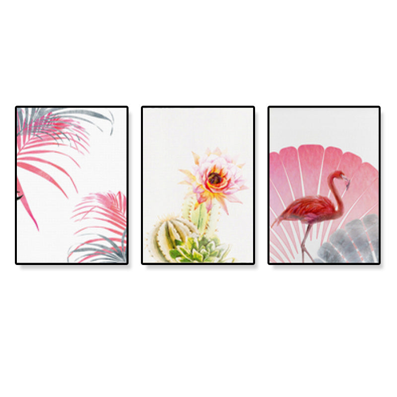 Tropix Flower and Flamingo Art Print Canvas Textured Pink Wall Decor for Home, Set of 3 Clearhalo 'Art Gallery' 'Canvas Art' 'Coastal Art Gallery' 'Nautical' Arts' 1899270