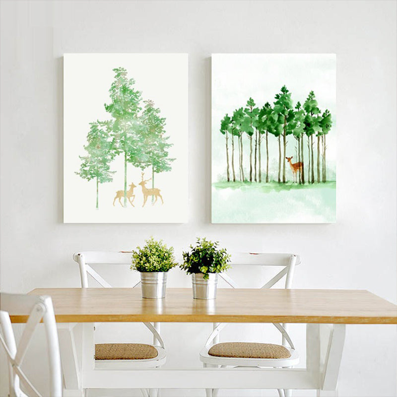Deer Under the Trees Art Print Dining Room Animal Canvas in Green for Decoration Clearhalo 'Art Gallery' 'Canvas Art' 'Kids' Arts' 1899274