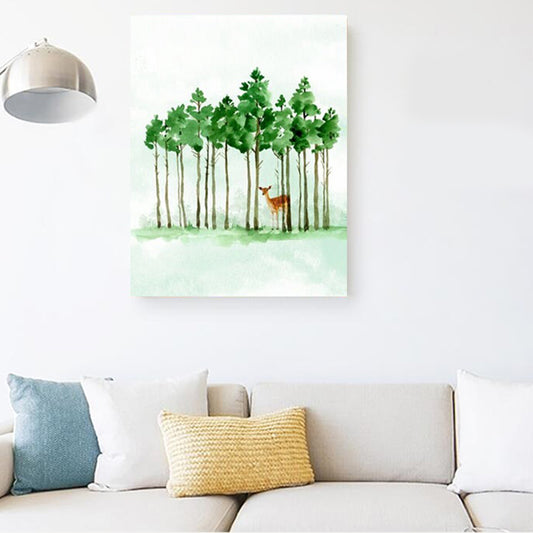 Deer Under the Trees Art Print Dining Room Animal Canvas in Green for Decoration Dark Green Clearhalo 'Art Gallery' 'Canvas Art' 'Kids' Arts' 1899275