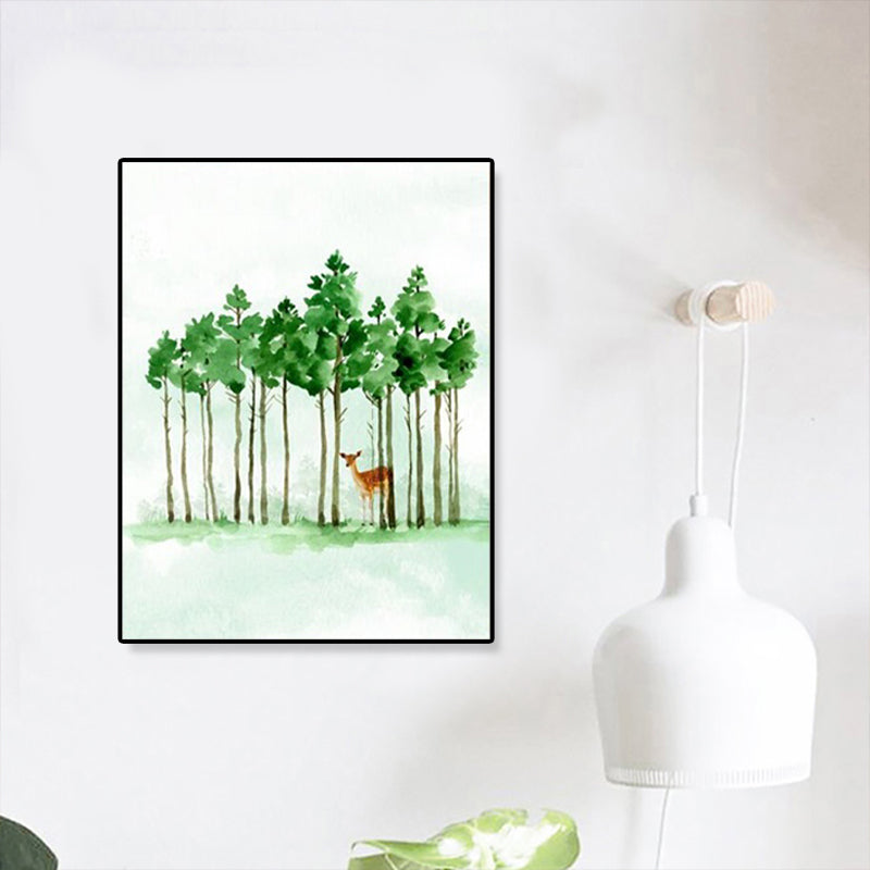 Deer Under the Trees Art Print Dining Room Animal Canvas in Green for Decoration Clearhalo 'Art Gallery' 'Canvas Art' 'Kids' Arts' 1899276