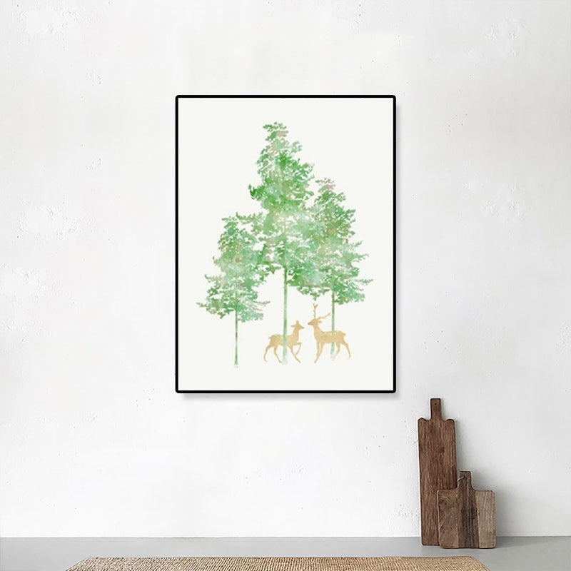 Deer Under the Trees Art Print Dining Room Animal Canvas in Green for Decoration Clearhalo 'Art Gallery' 'Canvas Art' 'Kids' Arts' 1899282