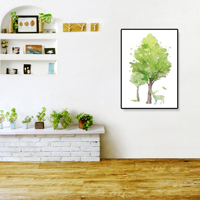 Deer Under the Trees Art Print Dining Room Animal Canvas in Green for Decoration Clearhalo 'Art Gallery' 'Canvas Art' 'Kids' Arts' 1899286