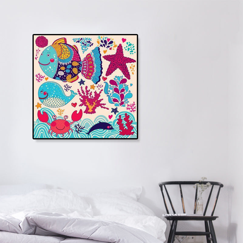 Colorful Cartoon Wall Art Decor Illustration Animal Canvas Print for Kids Bedroom Blue Clearhalo 'Art Gallery' 'Canvas Art' 'Kids' Arts' 1899308