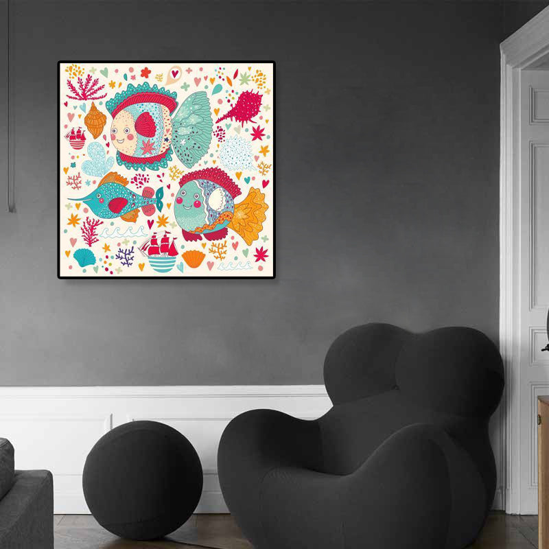 Colorful Cartoon Wall Art Decor Illustration Animal Canvas Print for Kids Bedroom Sky Blue Clearhalo 'Art Gallery' 'Canvas Art' 'Kids' Arts' 1899319