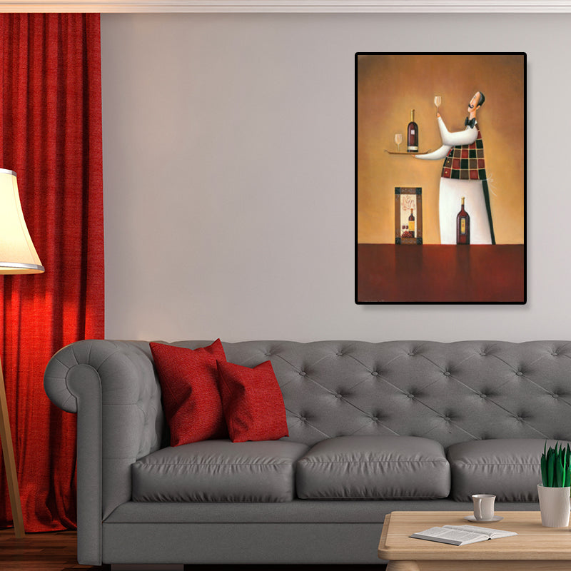 Modern Illustrated Servant Canvas Art Dark Color Textured Wall Decor for Dining Room Brown Clearhalo 'Art Gallery' 'Canvas Art' 'Contemporary Art Gallery' 'Modern' Arts' 1899338