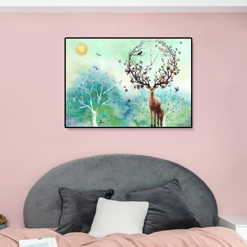 Beautiful Moon Night Deer Canvas Bedroom Animal Wall Art Print in Blue, Multiple Sizes Blue Clearhalo 'Art Gallery' 'Canvas Art' 'Contemporary Art Gallery' 'Modern' Arts' 1899403