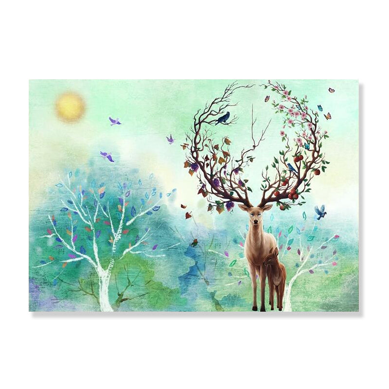 Beautiful Moon Night Deer Canvas Bedroom Animal Wall Art Print in Blue, Multiple Sizes Clearhalo 'Art Gallery' 'Canvas Art' 'Contemporary Art Gallery' 'Modern' Arts' 1899406