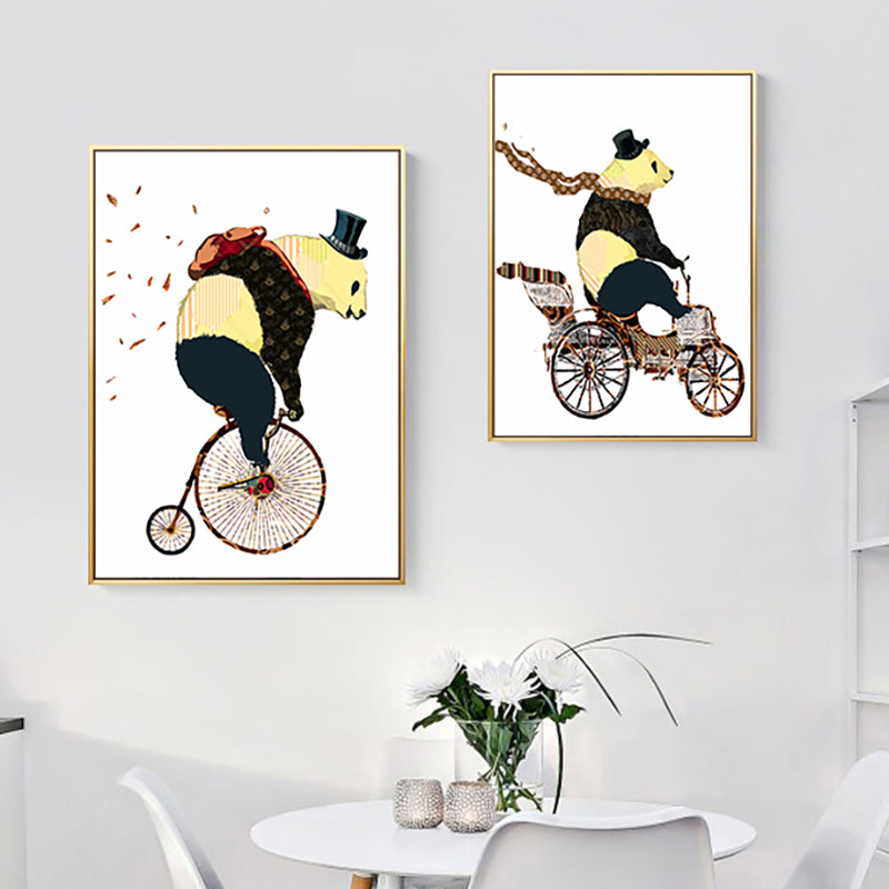 Illustrated Panda Riding Wall Art Kids Cool Animal Canvas in Dark Color for Bedroom Clearhalo 'Art Gallery' 'Canvas Art' 'Kids' Arts' 1899540