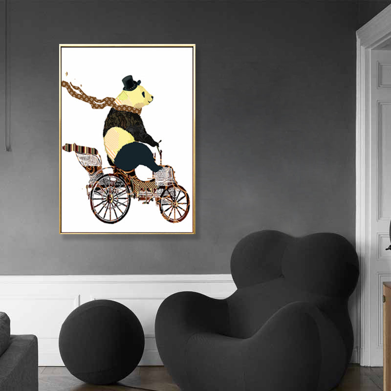 Illustrated Panda Riding Wall Art Kids Cool Animal Canvas in Dark Color for Bedroom Brown Clearhalo 'Art Gallery' 'Canvas Art' 'Kids' Arts' 1899541