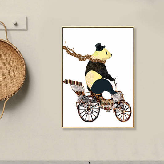 Illustrated Panda Riding Wall Art Kids Cool Animal Canvas in Dark Color for Bedroom Clearhalo 'Art Gallery' 'Canvas Art' 'Kids' Arts' 1899542