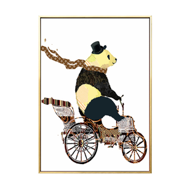 Illustrated Panda Riding Wall Art Kids Cool Animal Canvas in Dark Color for Bedroom Clearhalo 'Art Gallery' 'Canvas Art' 'Kids' Arts' 1899543