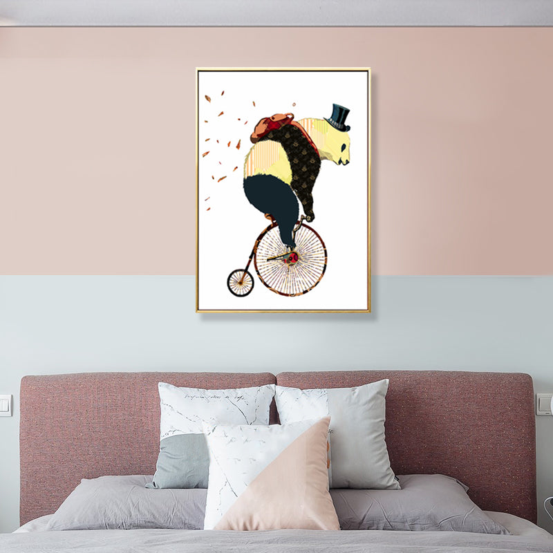 Illustrated Panda Riding Wall Art Kids Cool Animal Canvas in Dark Color for Bedroom Yellow Clearhalo 'Art Gallery' 'Canvas Art' 'Kids' Arts' 1899547