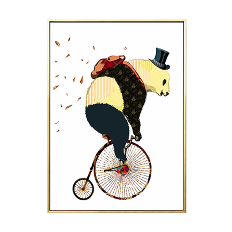 Illustrated Panda Riding Wall Art Kids Cool Animal Canvas in Dark Color for Bedroom Clearhalo 'Art Gallery' 'Canvas Art' 'Kids' Arts' 1899550