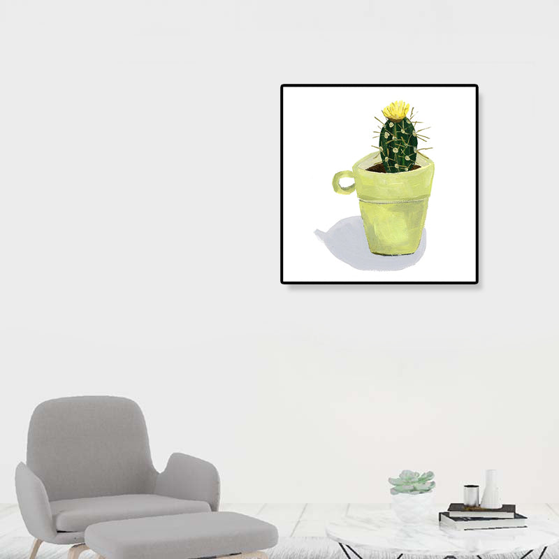 Nordic Illustration Bonsai Cactus Canvas Yellow Textured Wall Art Print for Child Room Yellow Clearhalo 'Art Gallery' 'Canvas Art' 'Contemporary Art Gallery' 'Modern' Arts' 1899603