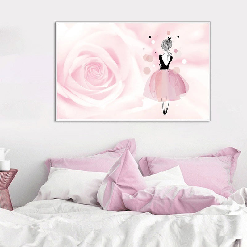 Rose and Ballerina Canvas Glam Trendy Fashion Wall Art Decor in Pink for Bedroom Pink Clearhalo 'Arts' 'Canvas Art' 1899610