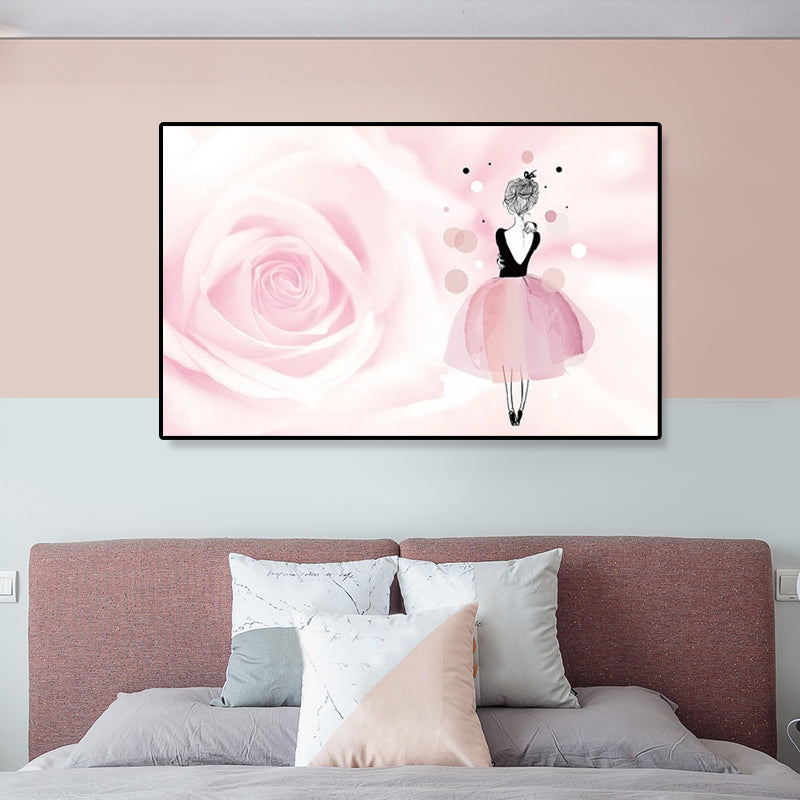 Rose and Ballerina Canvas Glam Trendy Fashion Wall Art Decor in Pink for Bedroom Clearhalo 'Arts' 'Canvas Art' 1899612