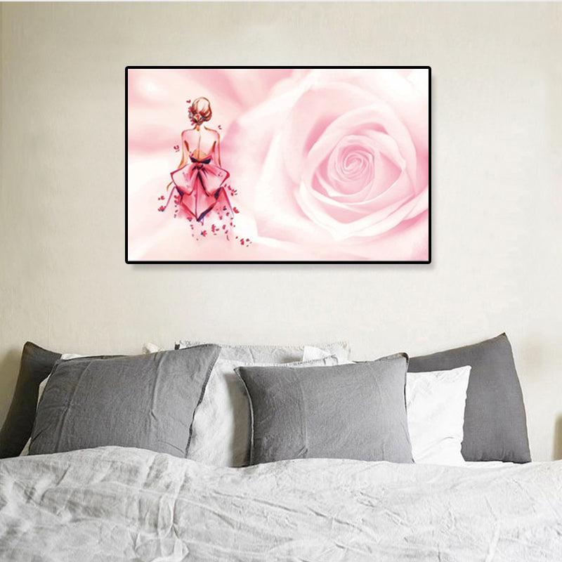 Rose and Ballerina Canvas Glam Trendy Fashion Wall Art Decor in Pink for Bedroom Clearhalo 'Arts' 'Canvas Art' 1899618