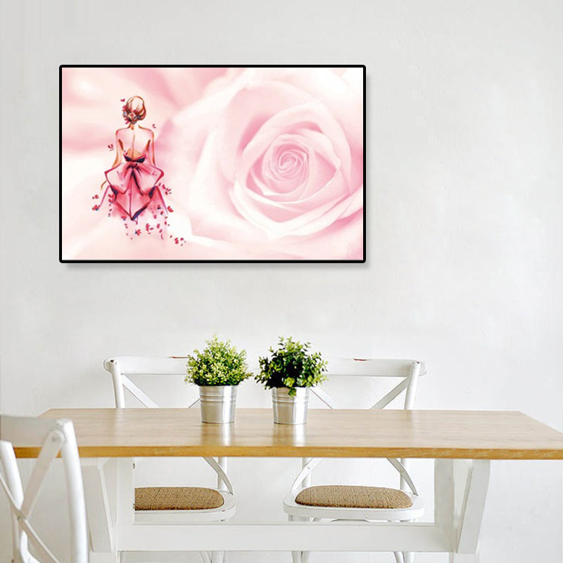 Rose and Ballerina Canvas Glam Trendy Fashion Wall Art Decor in Pink for Bedroom Clearhalo 'Arts' 'Canvas Art' 1899619