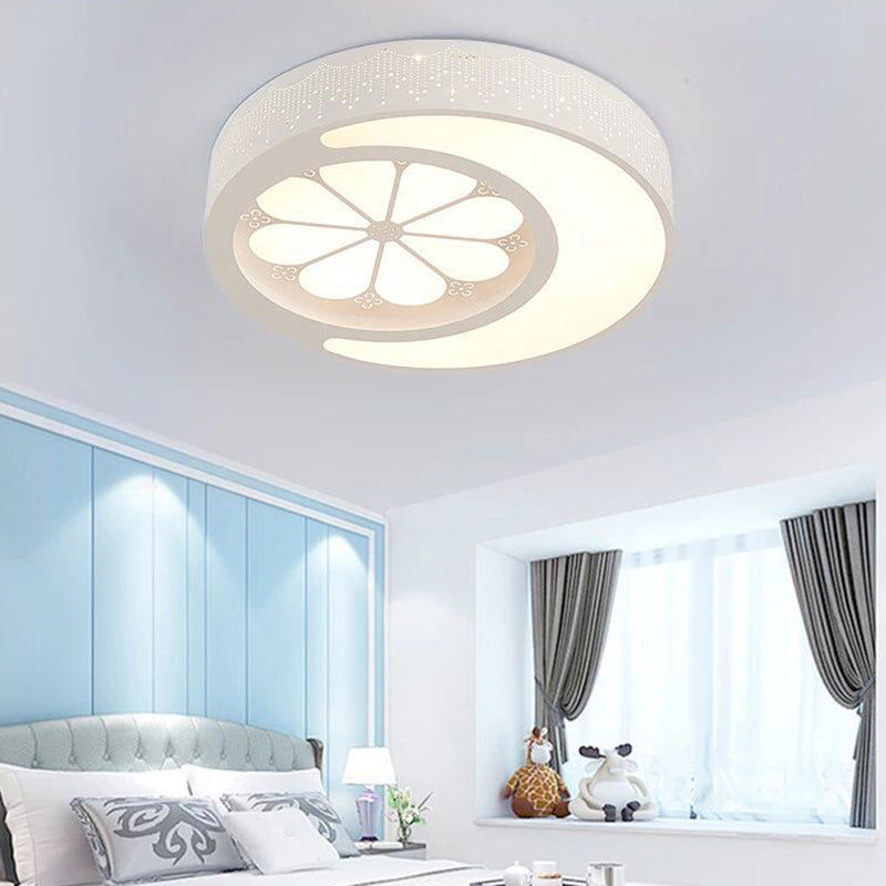 Circular LED Flush Mount Light with Crescent and Flower Kids Metallic Ceiling Lamp for Girl Bedroom White Clearhalo 'Ceiling Lights' 'Close To Ceiling Lights' 'Close to ceiling' 'Flush mount' Lighting' 189966