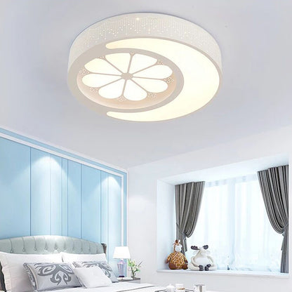 Circular LED Flush Mount Light with Crescent and Flower Kids Metallic Ceiling Lamp for Girl Bedroom White Clearhalo 'Ceiling Lights' 'Close To Ceiling Lights' 'Close to ceiling' 'Flush mount' Lighting' 189966