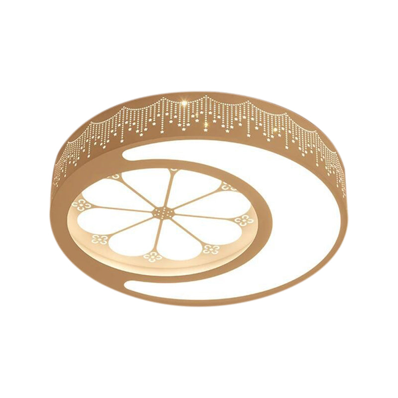 Circular LED Flush Mount Light with Crescent and Flower Kids Metallic Ceiling Lamp for Girl Bedroom Clearhalo 'Ceiling Lights' 'Close To Ceiling Lights' 'Close to ceiling' 'Flush mount' Lighting' 189968