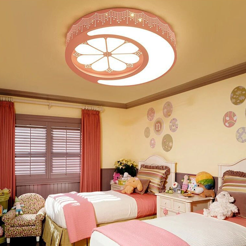 Circular LED Flush Mount Light with Crescent and Flower Kids Metallic Ceiling Lamp for Girl Bedroom Pink Clearhalo 'Ceiling Lights' 'Close To Ceiling Lights' 'Close to ceiling' 'Flush mount' Lighting' 189970