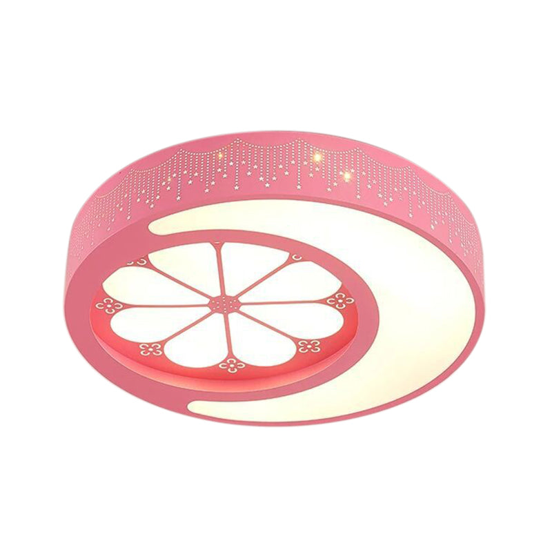 Circular LED Flush Mount Light with Crescent and Flower Kids Metallic Ceiling Lamp for Girl Bedroom Clearhalo 'Ceiling Lights' 'Close To Ceiling Lights' 'Close to ceiling' 'Flush mount' Lighting' 189972