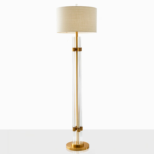 Linear Bedroom Floor Light Nordic Crystal Rod LED Beige Standing Lighting with Drum Fabric Shade Clearhalo 'Floor Lamps' 'Lamps' Lighting' 1899751