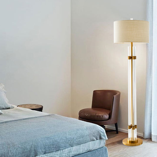 Linear Bedroom Floor Light Nordic Crystal Rod LED Beige Standing Lighting with Drum Fabric Shade Beige Clearhalo 'Floor Lamps' 'Lamps' Lighting' 1899752
