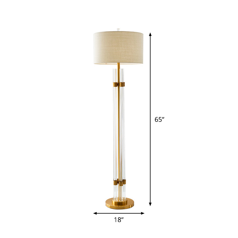 Linear Bedroom Floor Light Nordic Crystal Rod LED Beige Standing Lighting with Drum Fabric Shade Clearhalo 'Floor Lamps' 'Lamps' Lighting' 1899754