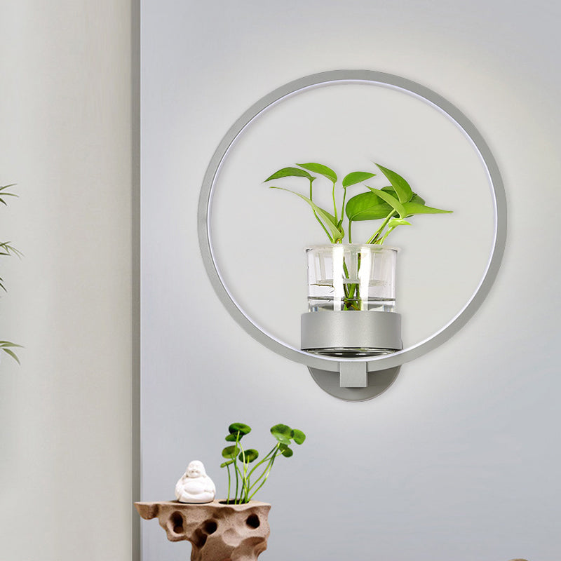 Round/Rectangle Metal Wall Light Macaron Grey/Yellow/Blue LED Sconce Lighting with Plant Pot for Bedroom Grey Round Clearhalo 'Cast Iron' 'Glass' 'Industrial' 'Modern wall lights' 'Modern' 'Tiffany' 'Traditional wall lights' 'Wall Lamps & Sconces' 'Wall Lights' Lighting' 1899779