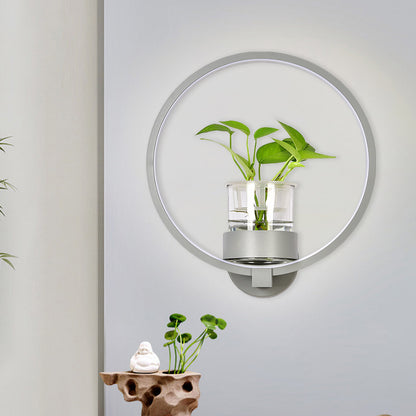 Round/Rectangle Metal Wall Light Macaron Grey/Yellow/Blue LED Sconce Lighting with Plant Pot for Bedroom Grey Round Clearhalo 'Cast Iron' 'Glass' 'Industrial' 'Modern wall lights' 'Modern' 'Tiffany' 'Traditional wall lights' 'Wall Lamps & Sconces' 'Wall Lights' Lighting' 1899779