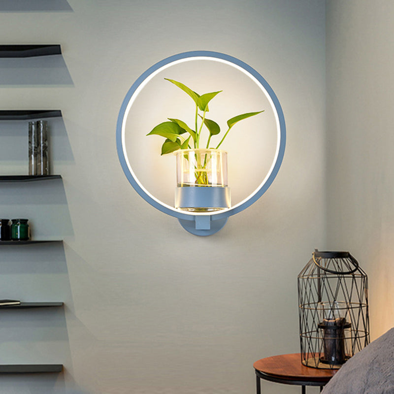 Round/Rectangle Metal Wall Light Macaron Grey/Yellow/Blue LED Sconce Lighting with Plant Pot for Bedroom Clearhalo 'Cast Iron' 'Glass' 'Industrial' 'Modern wall lights' 'Modern' 'Tiffany' 'Traditional wall lights' 'Wall Lamps & Sconces' 'Wall Lights' Lighting' 1899784