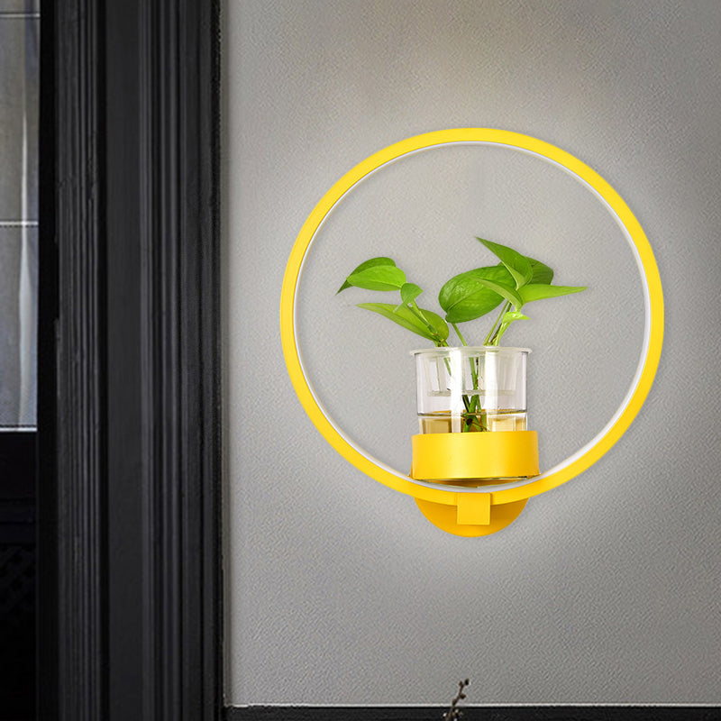 Round/Rectangle Metal Wall Light Macaron Grey/Yellow/Blue LED Sconce Lighting with Plant Pot for Bedroom Yellow Round Clearhalo 'Cast Iron' 'Glass' 'Industrial' 'Modern wall lights' 'Modern' 'Tiffany' 'Traditional wall lights' 'Wall Lamps & Sconces' 'Wall Lights' Lighting' 1899787