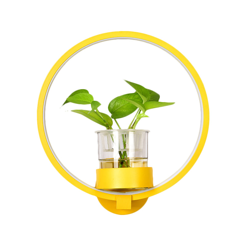 Round/Rectangle Metal Wall Light Macaron Grey/Yellow/Blue LED Sconce Lighting with Plant Pot for Bedroom Clearhalo 'Cast Iron' 'Glass' 'Industrial' 'Modern wall lights' 'Modern' 'Tiffany' 'Traditional wall lights' 'Wall Lamps & Sconces' 'Wall Lights' Lighting' 1899790