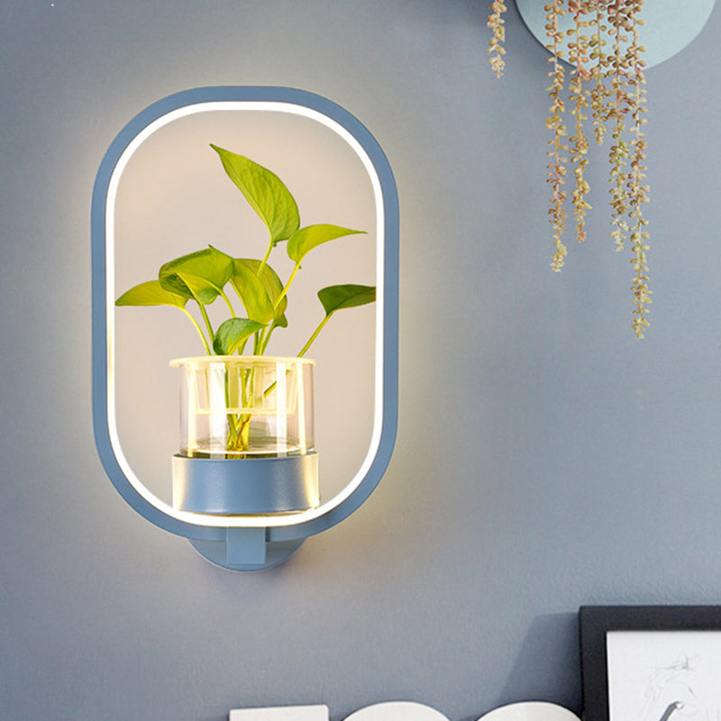 Round/Rectangle Metal Wall Light Macaron Grey/Yellow/Blue LED Sconce Lighting with Plant Pot for Bedroom Blue Rectangle Clearhalo 'Cast Iron' 'Glass' 'Industrial' 'Modern wall lights' 'Modern' 'Tiffany' 'Traditional wall lights' 'Wall Lamps & Sconces' 'Wall Lights' Lighting' 1899800